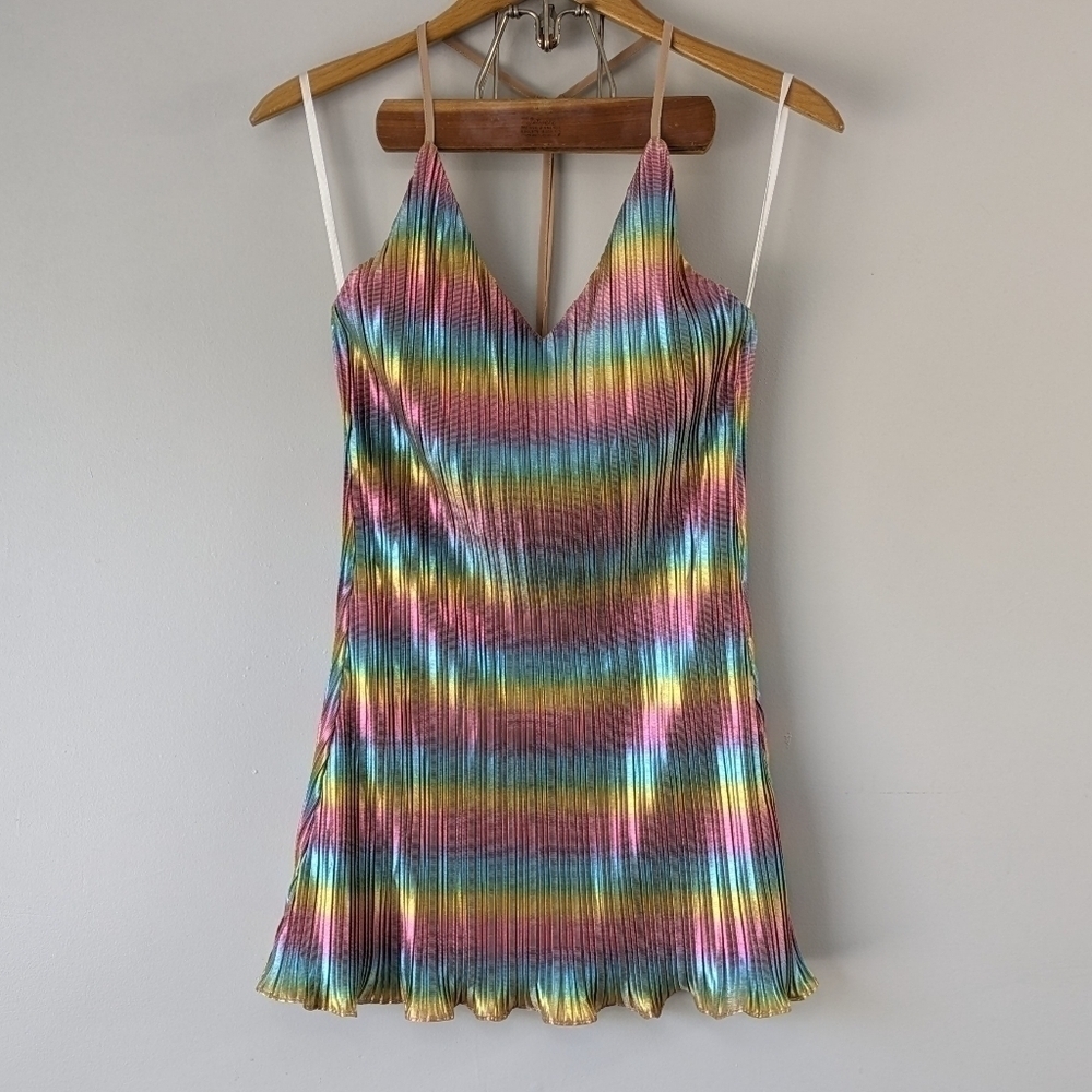 By The Way Dress Women's XS Blue Pink Rainbow Crystal Pleated Mini Metallic 90’s